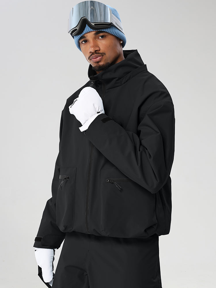 Black men's relaxed fit full-zip ski jacket - angled front view