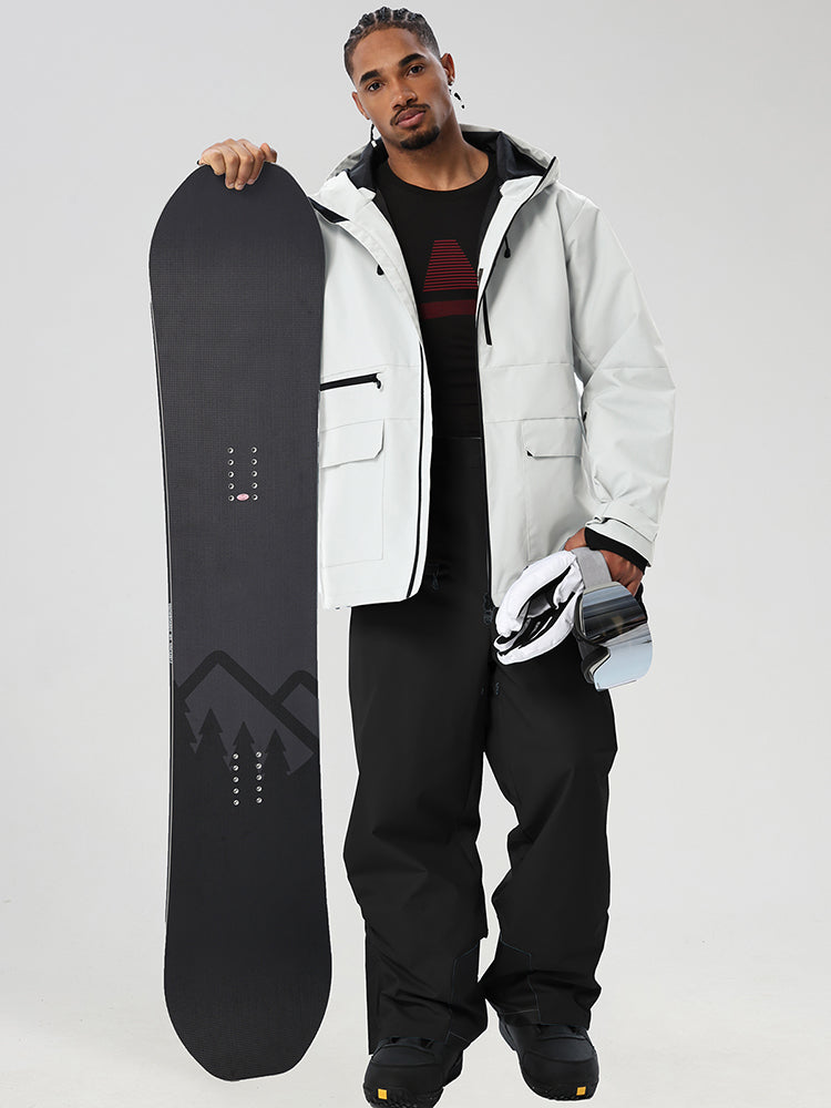 White men's full-zip ski jacket and black pants set - open jacket with snowboard