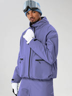 Purple men's relaxed fit full-zip ski jacket - angled front view with high collar