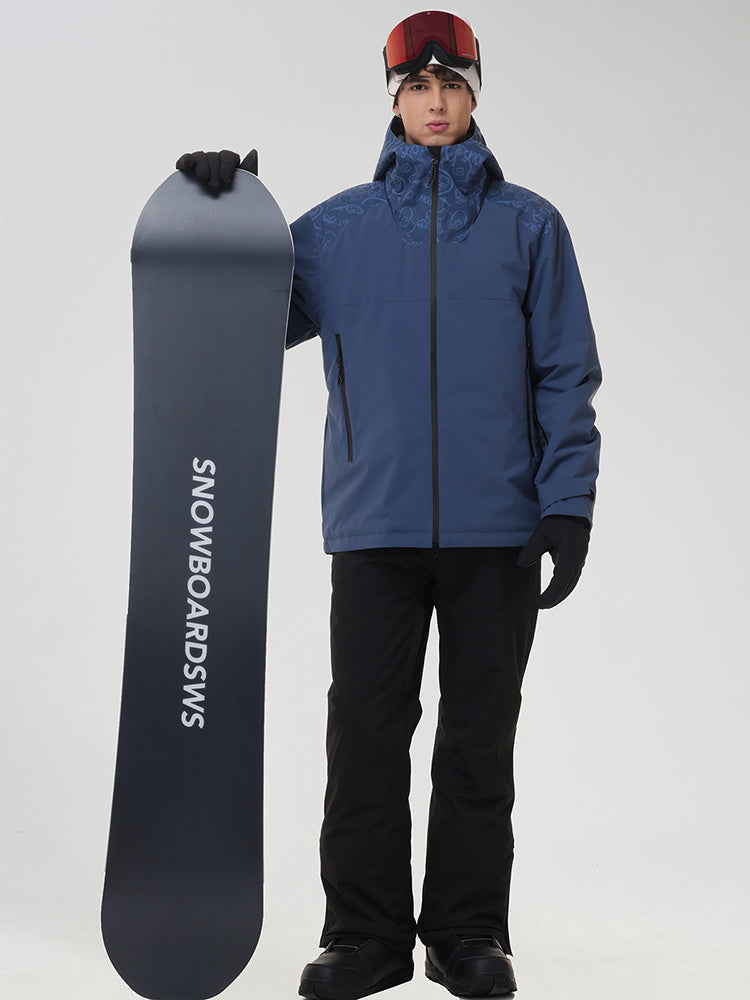 YEEFINE men's Navy graphic ski jacket and black pants, front view with snowboard