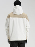 Men's white and khaki anorak ski jacket back view with hood