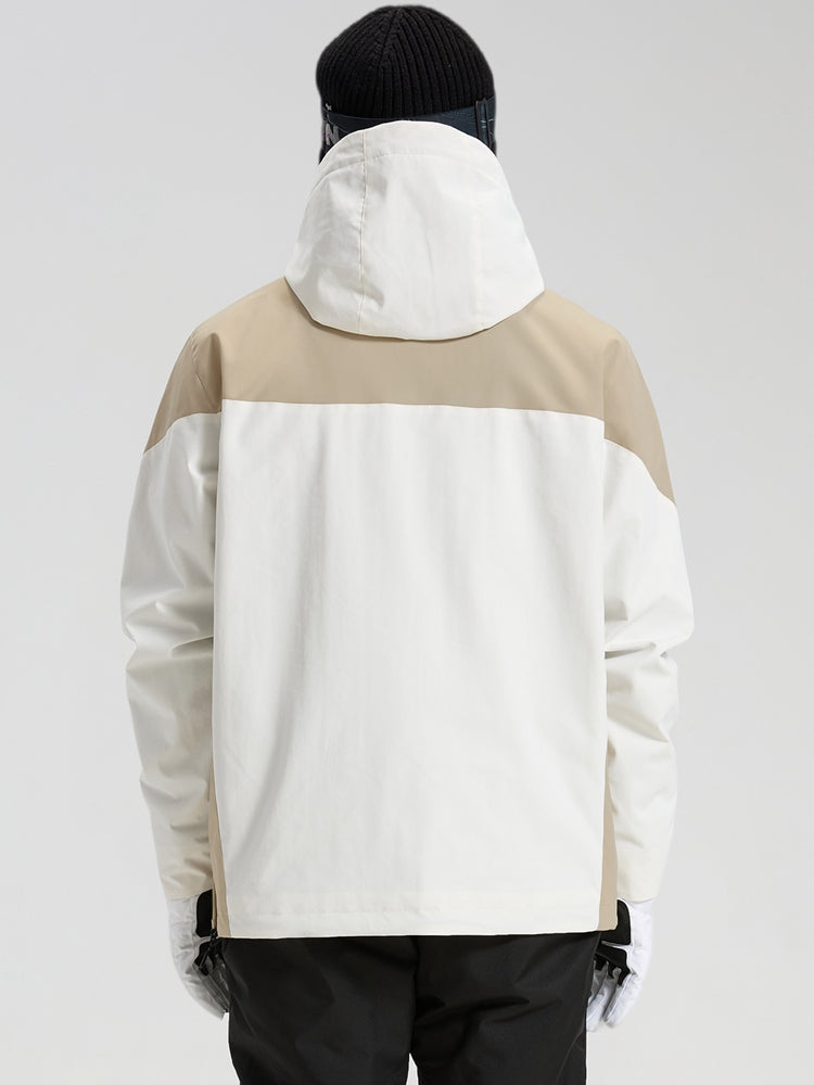 Men's white and khaki anorak ski jacket back view with hood