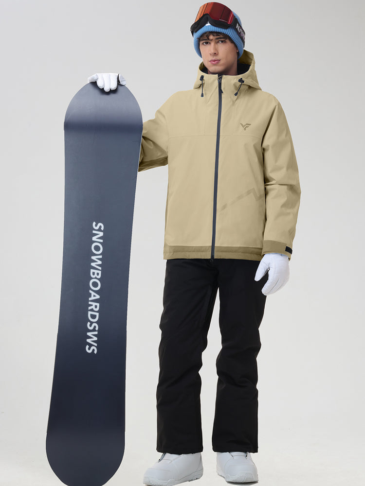 Front view of the men's casual ski jacket and snow pants set in khaki, holding a snowboard