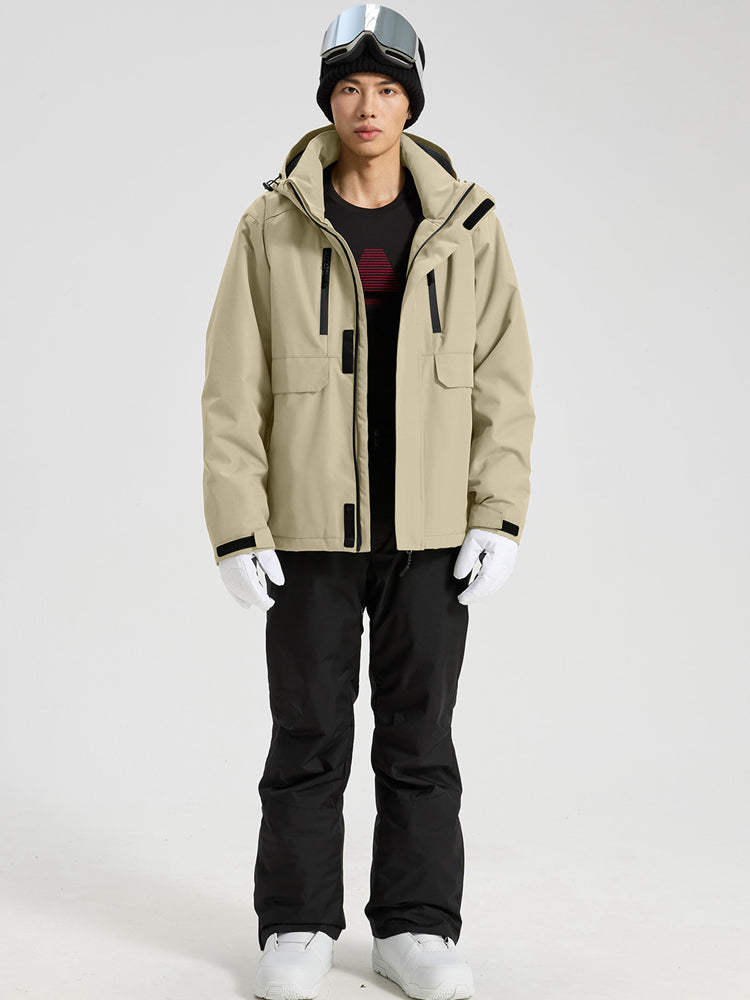 YEEFINE men's Khaki cargo ski jacket and black ski pants with suspenders, front view
