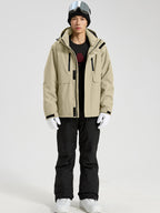 YEEFINE men's Khaki cargo ski jacket and black ski pants with suspenders, front view