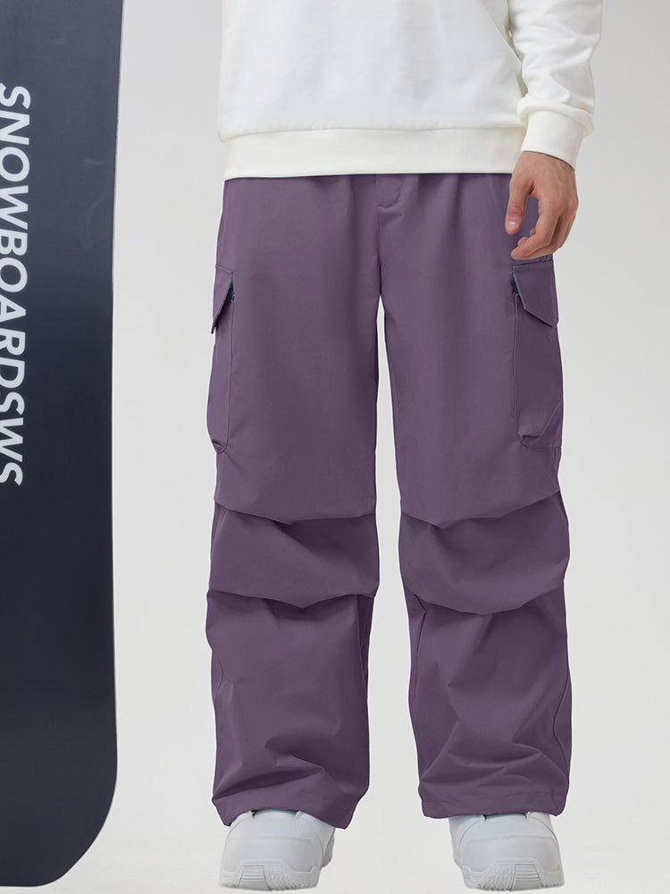 Men's Baggy Cargo Pocket Ski Pants in Purple - Model with Snowboard