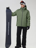YEEFINE men's Army Green graphic ski jacket and pants, front view with snowboard