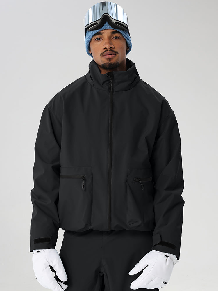 Black men's relaxed fit full-zip ski jacket - front view with high collar