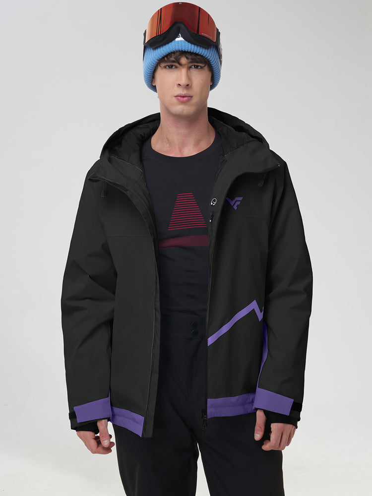 Men's black ski jacket worn open over a base layer