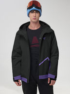 Men's black ski jacket worn open over a base layer