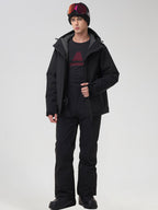 Men's black ski jacket and black snow pants set, front view