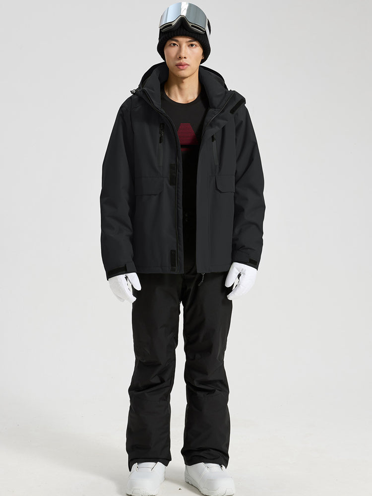YEEFINE men's Black cargo ski jacket and black ski pants with suspenders, front view