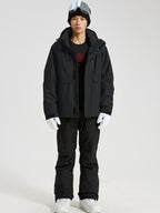 YEEFINE men's Black cargo ski jacket and black ski pants with suspenders, front view