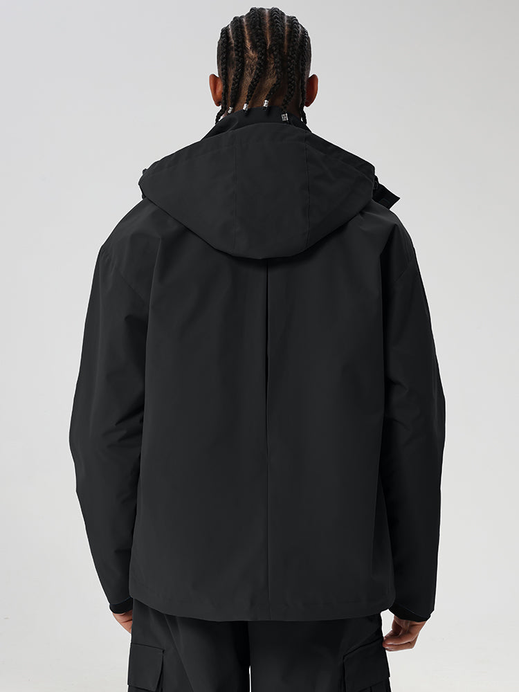 Black men's relaxed fit full-zip ski jacket - rear view with hood