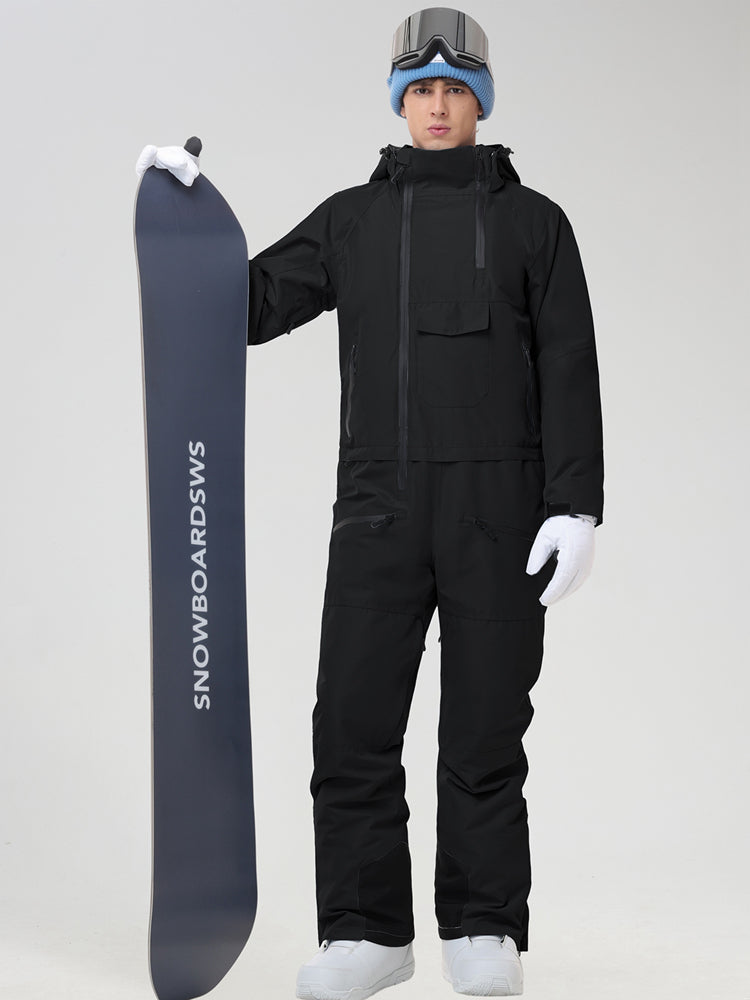 Men's Insulated One-Piece Ski Suit in Black - Front View Holding a Snowboard