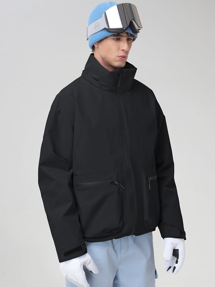 Men's Black Hooded Cargo Pocket Snowboard Jacket - Angled Front View