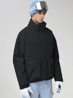 Men's Black Hooded Cargo Pocket Snowboard Jacket - Angled Front View