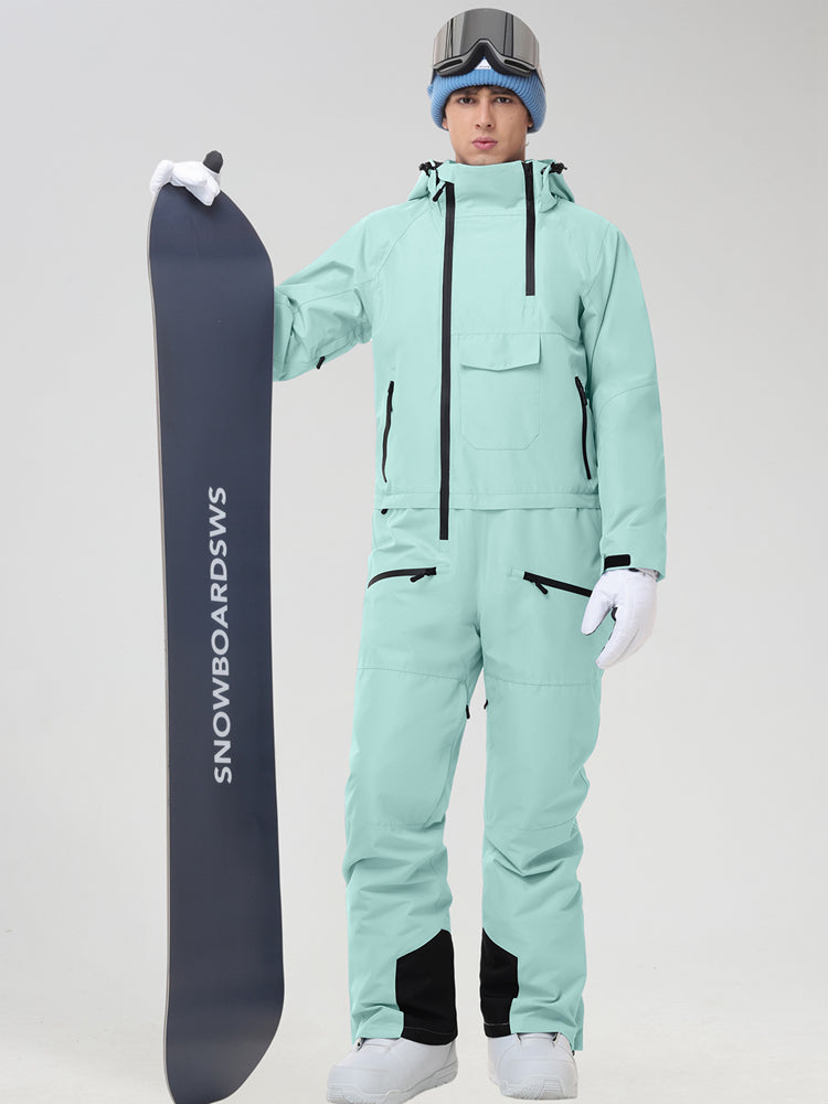 Men's Insulated One-Piece Ski Suit in Mint Green - Front View Holding a Snowboard