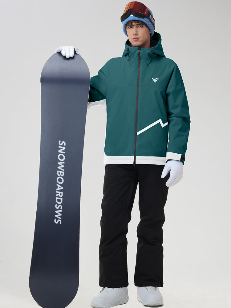 Front view of the men's casual ski jacket and snow pants set in green, holding a snowboard