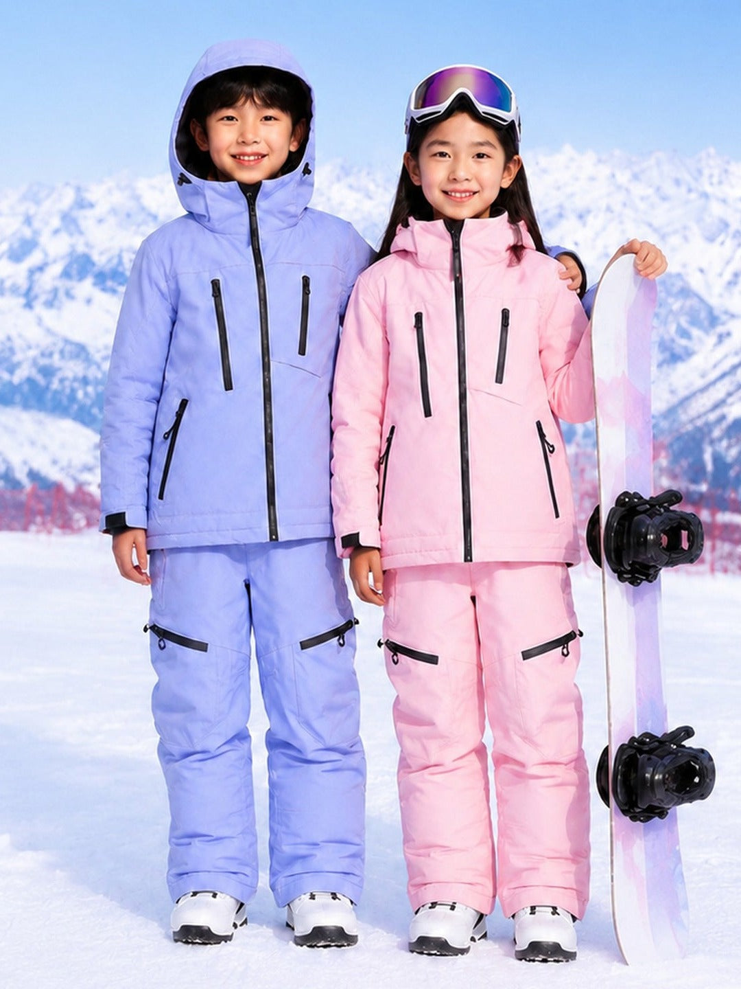 Kids pink and purple ski suit sets worn by two kids