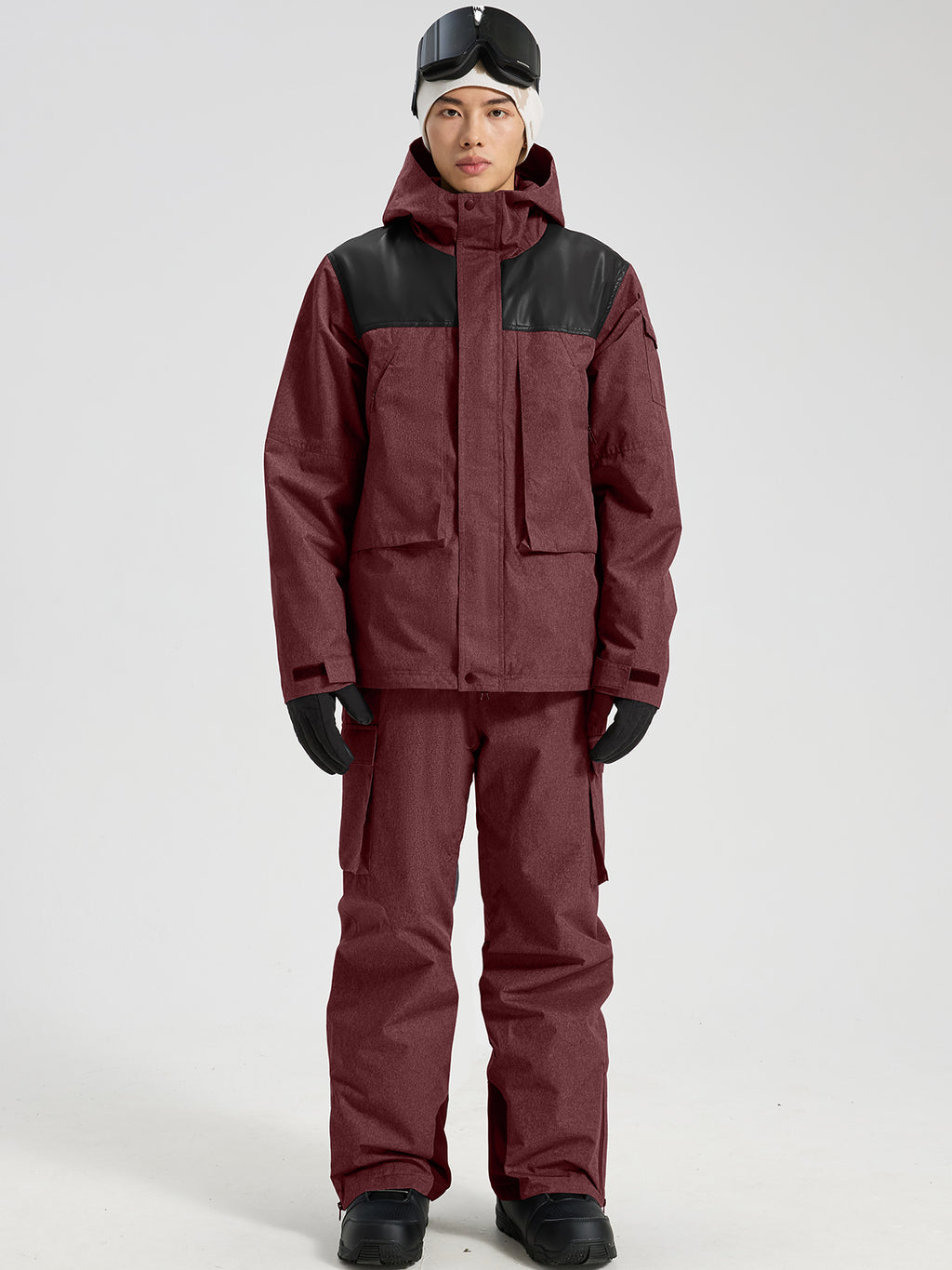 Men's Ski Jacket & Bibs Set in Wine – Front View with Snowboard