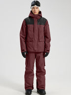 Men's Ski Jacket & Bibs Set in Wine – Front View with Snowboard
