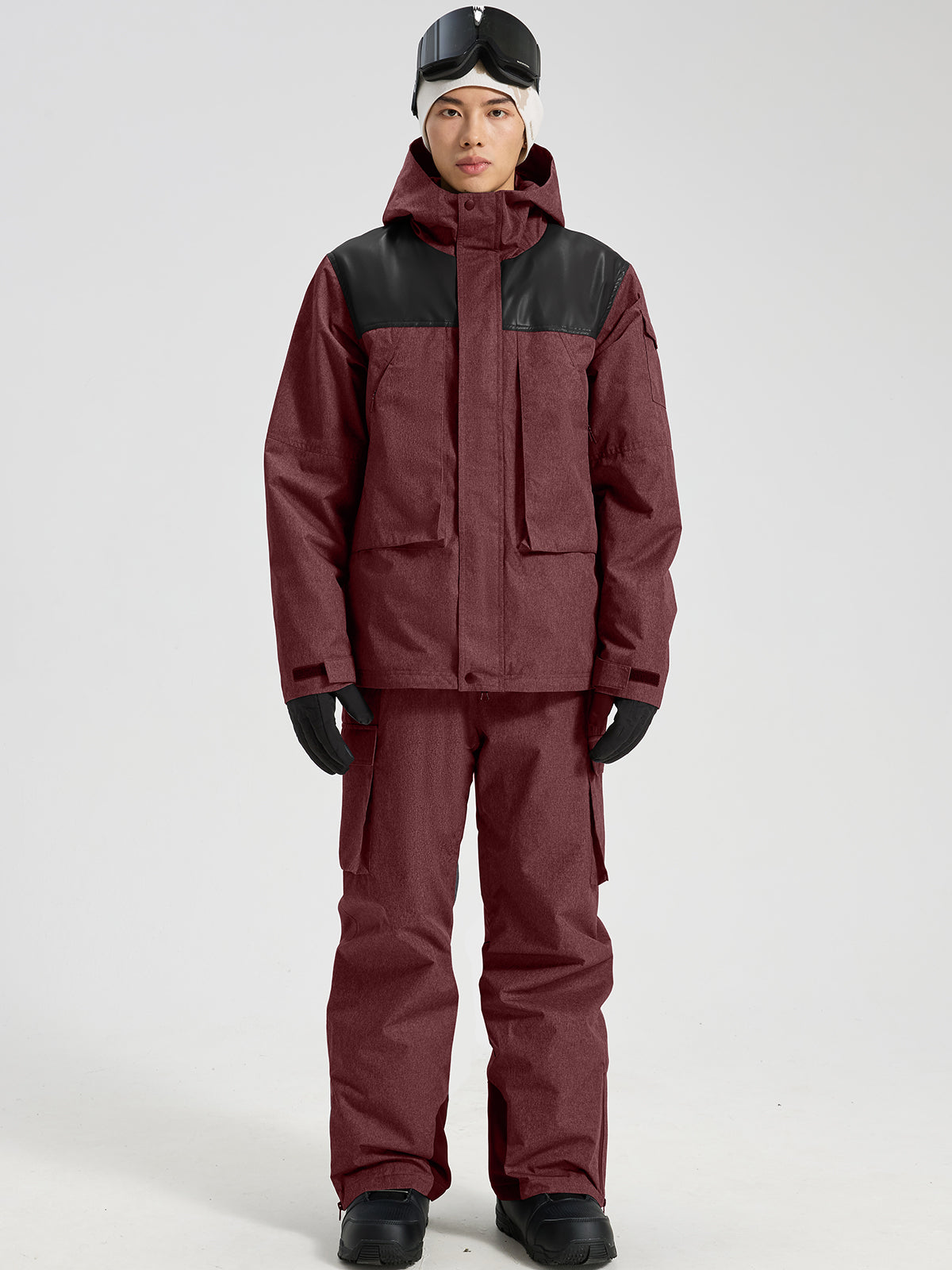 Men's Ski Jacket & Bibs Set in Wine – Front View with Snowboard