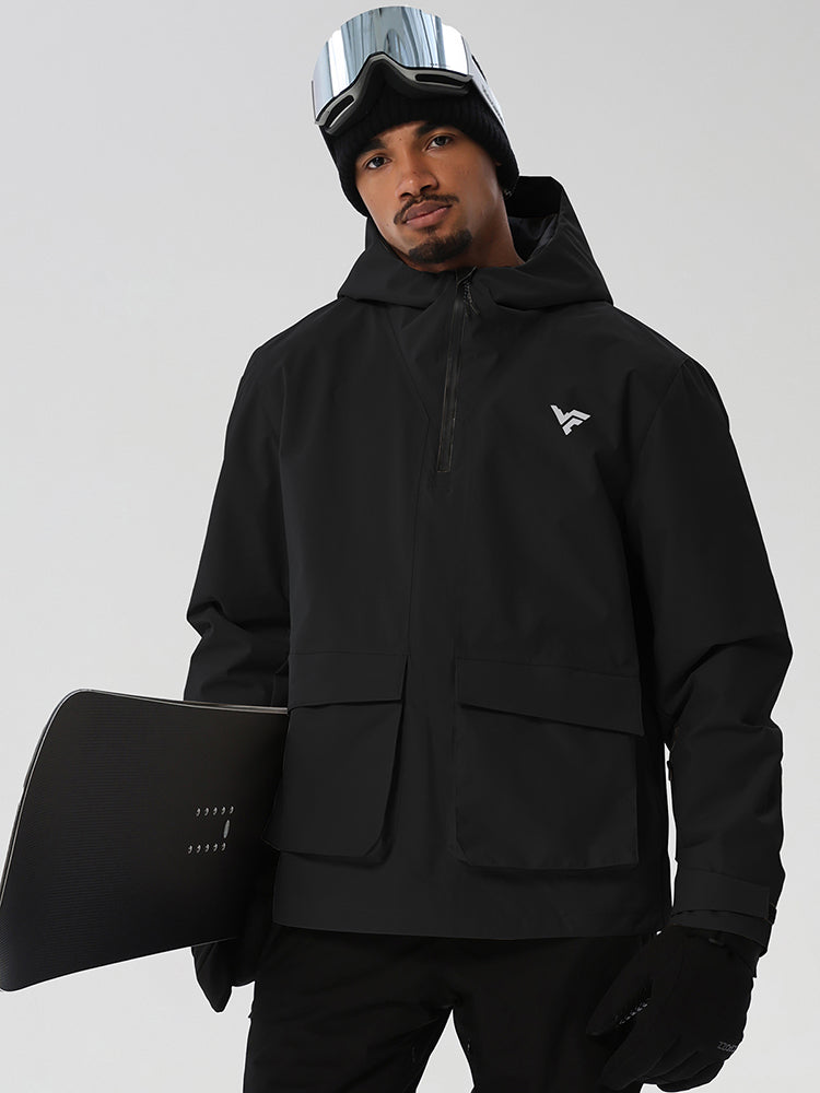 Black men's half-zip ski anorak with cargo pockets - front view with snowboard
