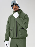 Army Green men's relaxed fit full-zip ski jacket - angled front view with high collar