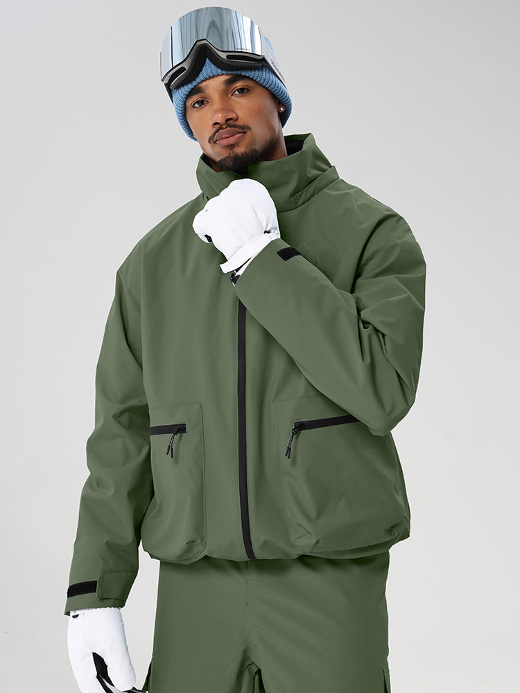 Army Green men's relaxed fit full-zip ski jacket - angled front view with high collar