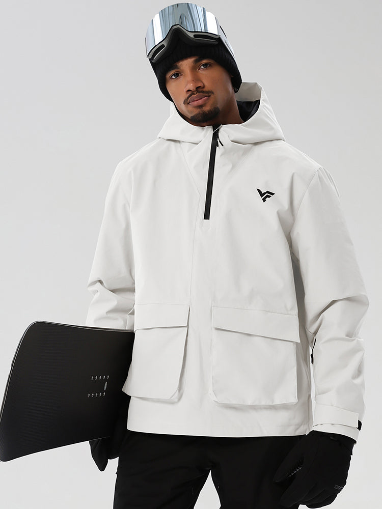White men's half-zip ski anorak with cargo pockets - with snowboard