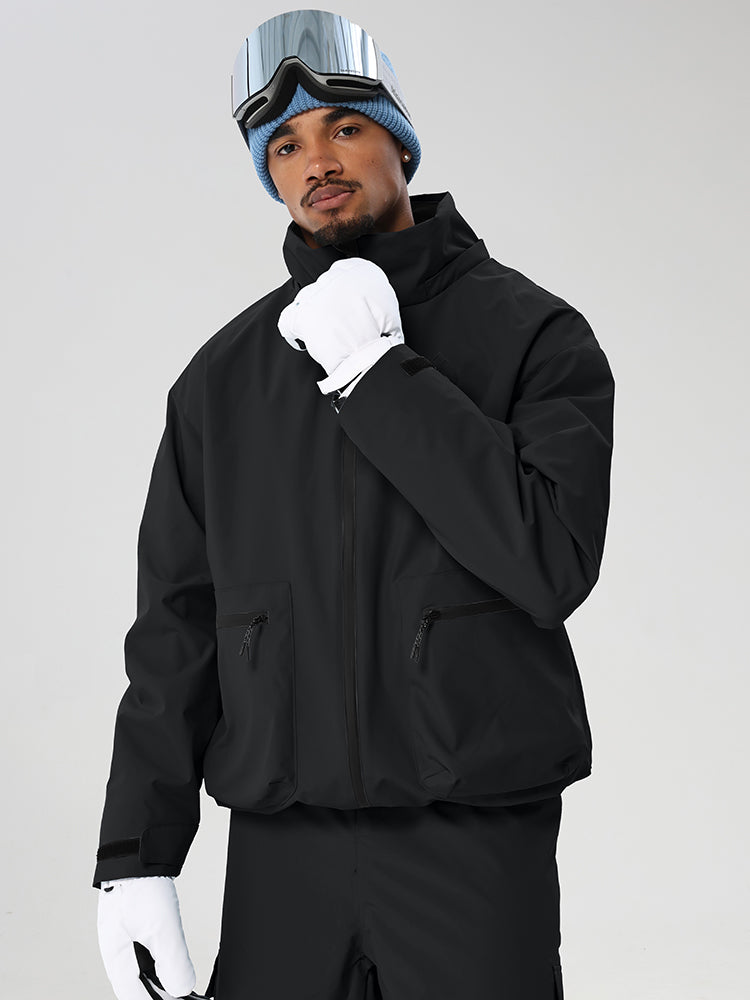 Black men's relaxed fit full-zip ski jacket - high collar and cuffs