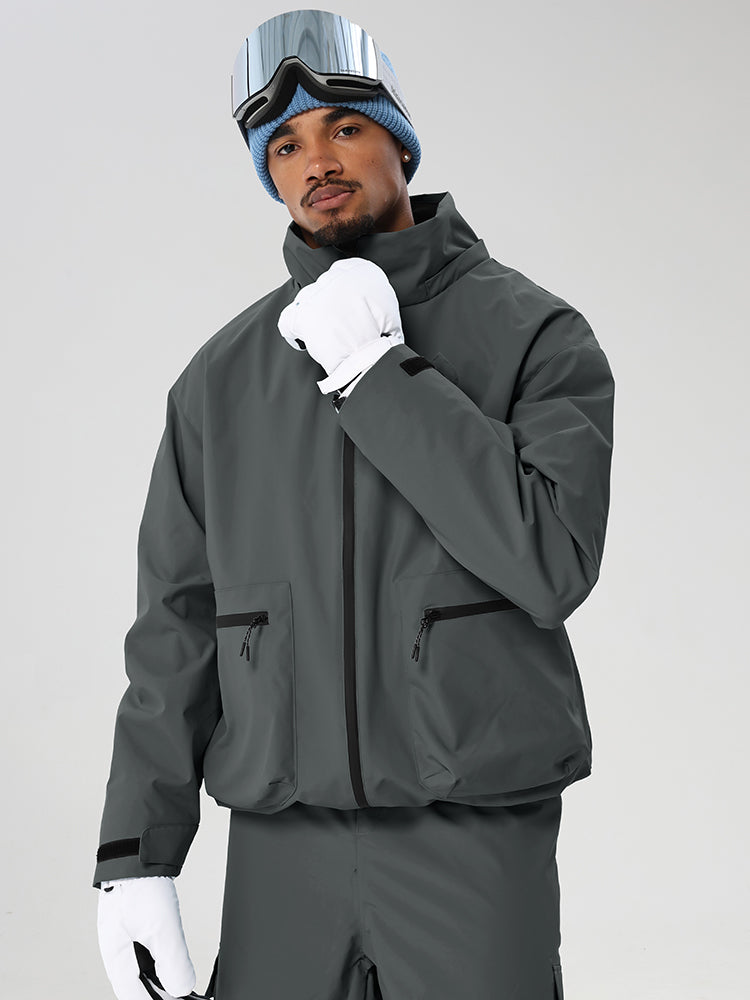 Dark Grey men's relaxed fit full-zip ski jacket - angled front view with high collar