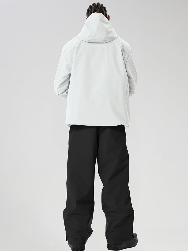 White men's full-zip ski jacket and black pants set - rear view of jacket and pants