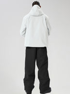 White men's full-zip ski jacket and black pants set - rear view of jacket and pants