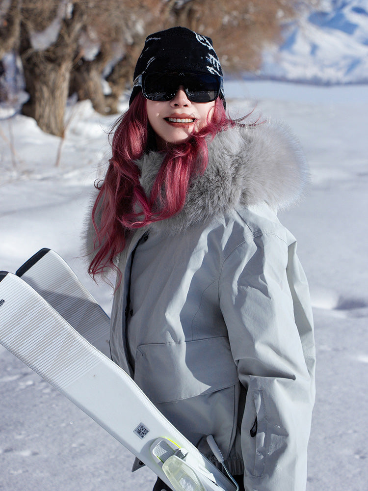 Women's Fur Collar Snow Jacket and Slim Fit Bib Overalls
