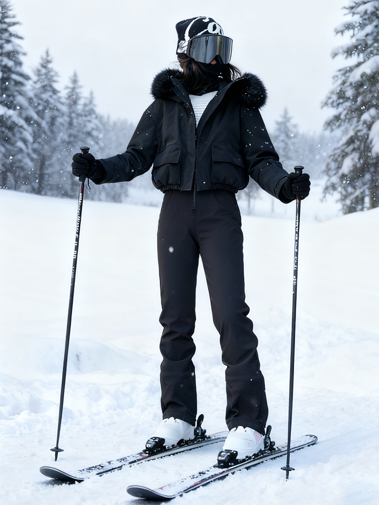 Women's Fur Collar Snow Jacket and Slim Fit Bib Overalls
