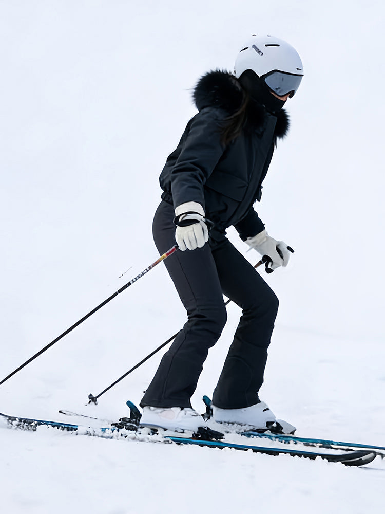 Women's Fur Collar Snow Jacket and Slim Fit Bib Overalls