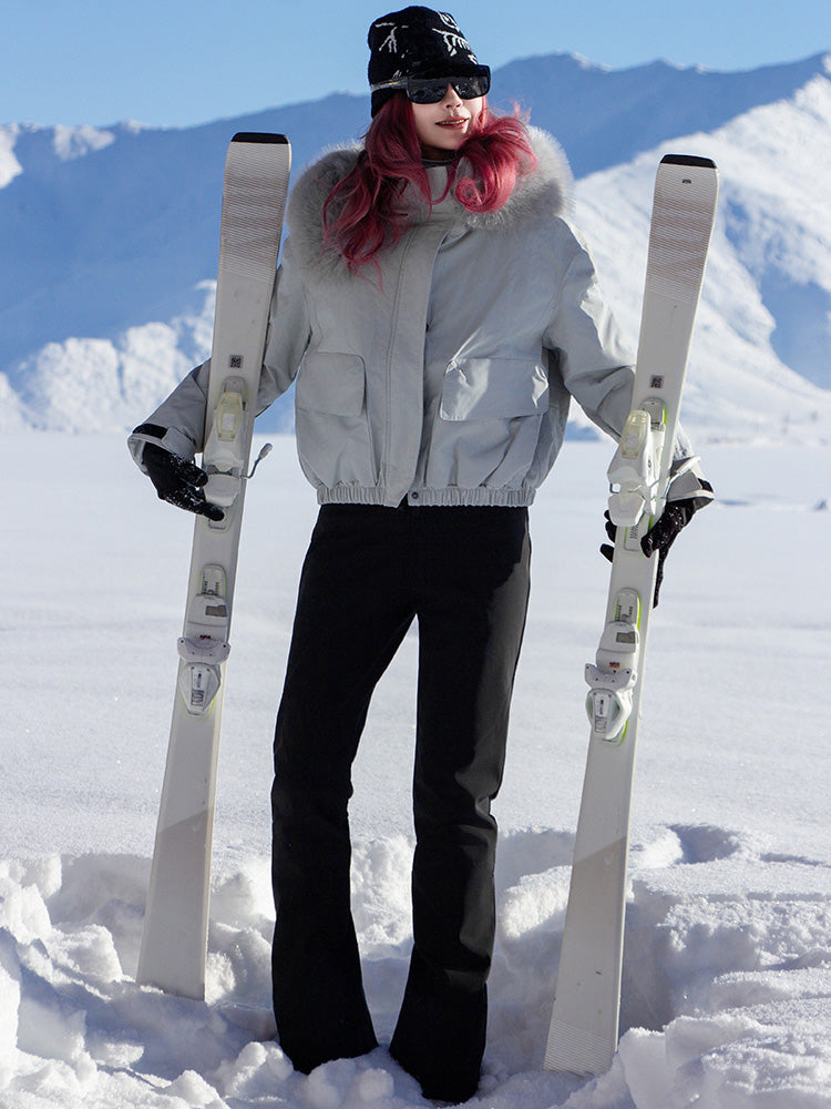 Women's Fur Collar Snow Jacket and Slim Fit Bib Overalls