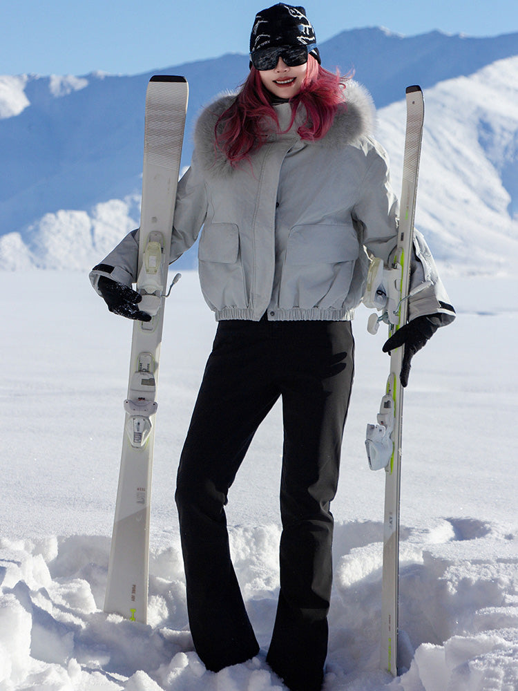 Women's Fur Collar Snow Jacket and Slim Fit Bib Overalls