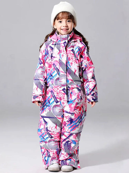 Girl wearing colorful geometric print one-piece snowsuit