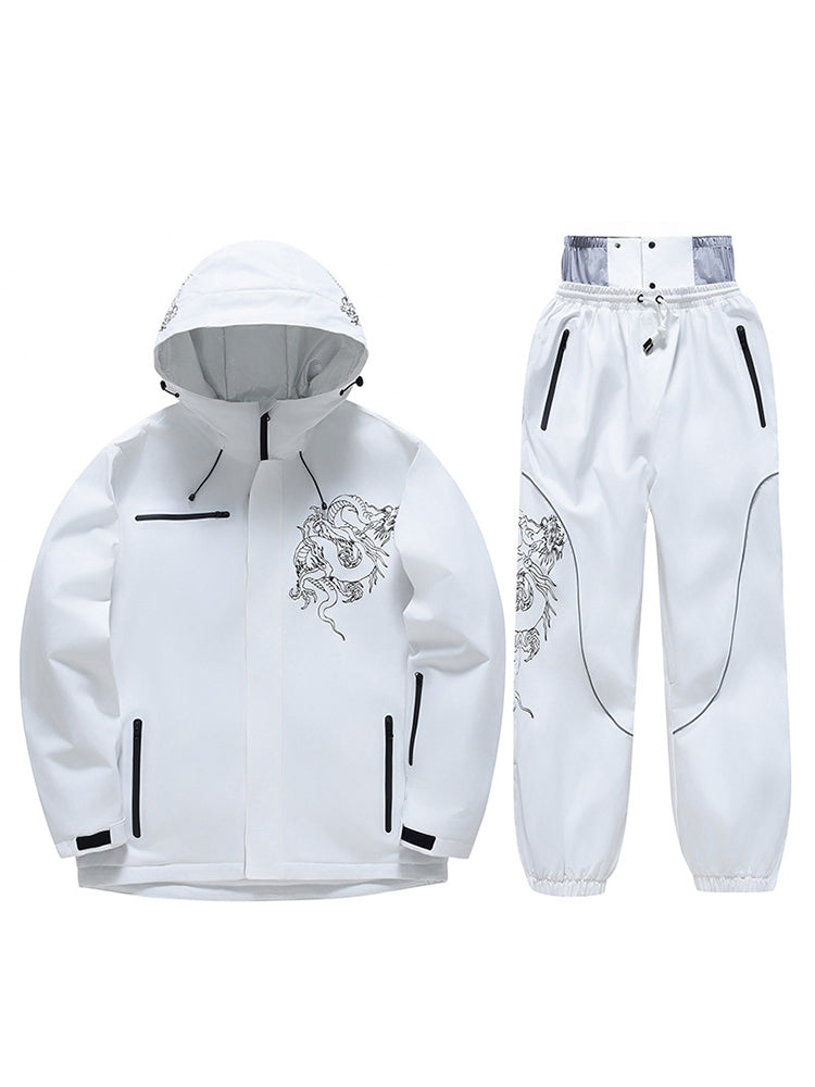 White ski jacket and pants set flat lay