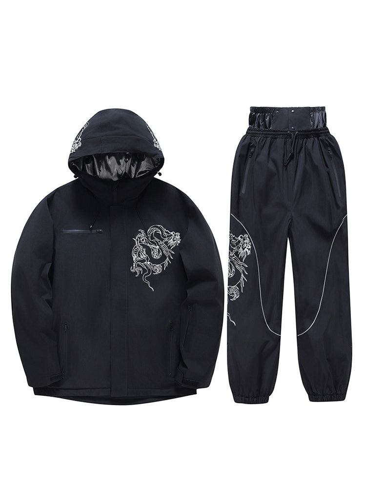 Black ski jacket and pants set flat lay