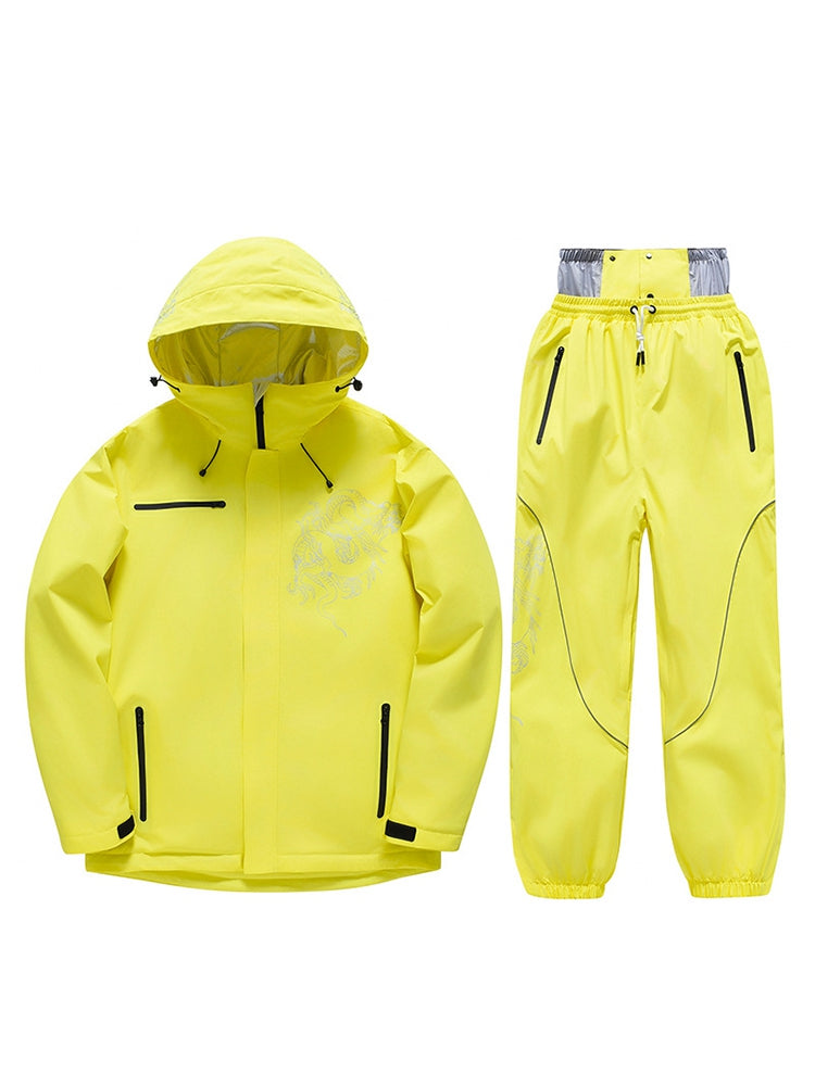 Yellow ski jacket and pants set flat lay