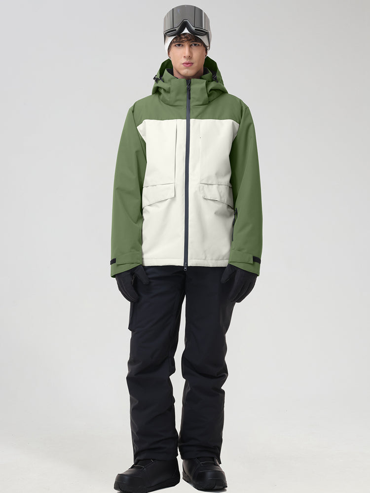 Men's army green color-block ski suit with bib pants, back view