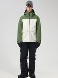 Men's army green color-block ski suit with bib pants, back view