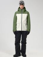 Men's army green color-block ski suit with bib pants, back view