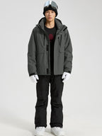 YEEFINE men's Dark Grey cargo ski jacket and black ski pants with suspenders, front view