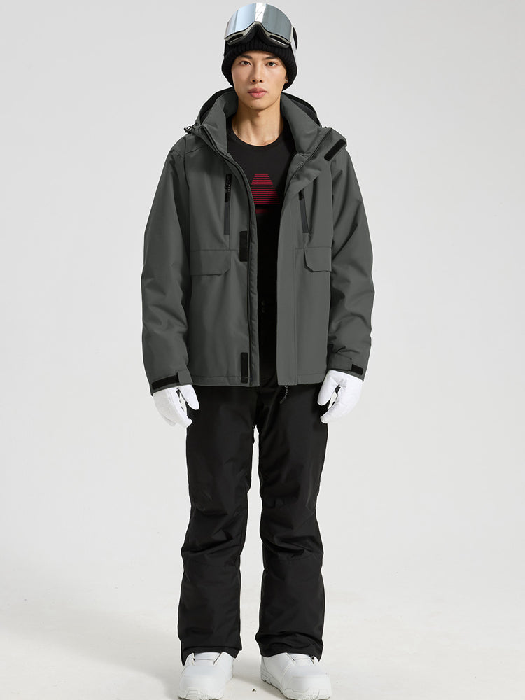 YEEFINE men's Dark Grey cargo ski jacket and black ski pants with suspenders, front view