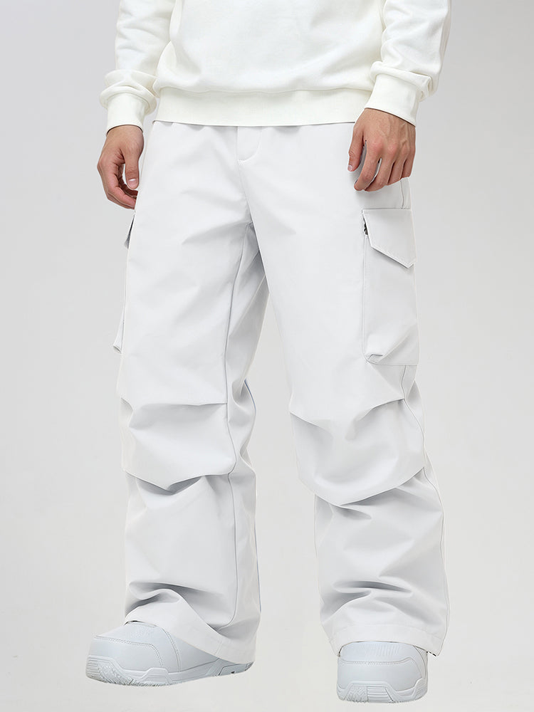 Men's Baggy Cargo Pocket Ski Pants in White - Straight Front View